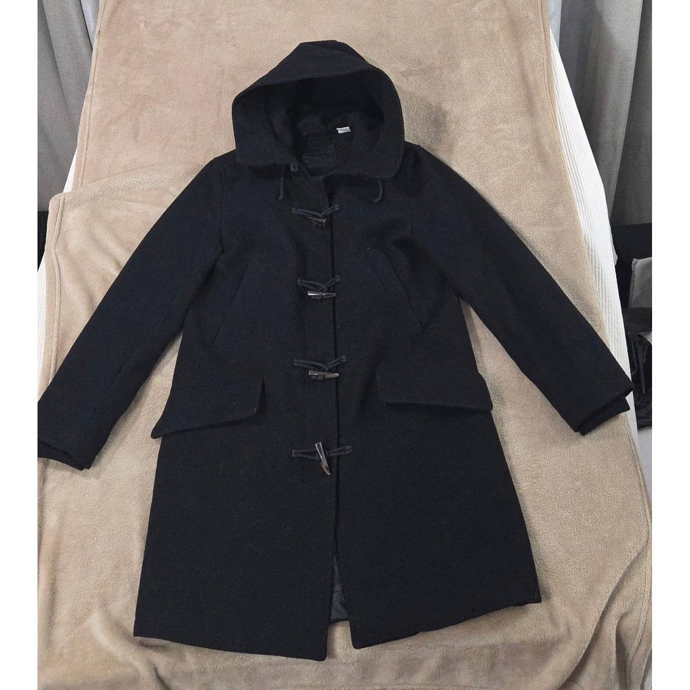 Levi's Wool Duffle Coat Women Small Black Toggle Full Zip Hooded Heavyweight EUC